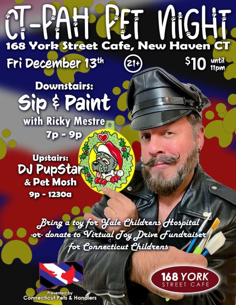 Flyer for CT-PAH Pet Night's Sip & Paint featuring Ricky Mestre from December 2024.
