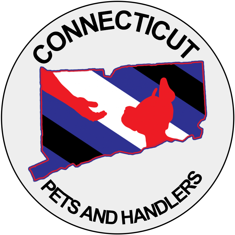Crest with Connecticut at the top, Pets and Handlers at the bottom, and the puppy play flag within the outline of the state of Connecticut in the middle